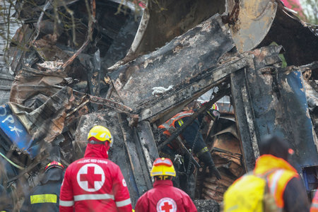 Tempi Valley, Greece - March 1, 2023: A tragic accident occurred in northern Greece, as two trains collided in the Tempi Valley. rescuers search the wreckage for survivorsのeditorial素材