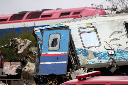 Tempi Valley, Greece - March 1, 2023: A tragic accident occurred in northern Greece, as two trains collided in the Tempi Valley. rescuers search the wreckage for survivorsのeditorial素材
