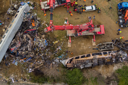 Tempi Valley, Greece - March 1, 2023: A tragic accident occurred in northern Greece, as two trains collided in the Tempi Valley, resulting in the deadliest rail tragedy in Greeceのeditorial素材