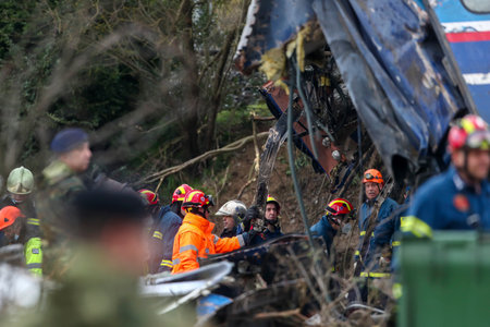 Tempi Valley, Greece - March 1, 2023: A tragic accident occurred in northern Greece, as two trains collided in the Tempi Valley. rescuers search the wreckage for survivorsのeditorial素材