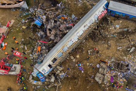 Tempi Valley, Greece - March 1, 2023: A tragic accident occurred in northern Greece, as two trains collided in the Tempi Valley, resulting in the deadliest rail tragedy in Greeceのeditorial素材