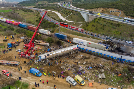 Tempi Valley, Greece - March 1, 2023: A tragic accident occurred in northern Greece, as two trains collided in the Tempi Valley, resulting in the deadliest rail tragedy in Greeceのeditorial素材