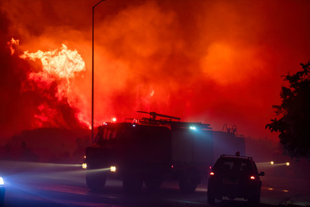 Alexandroupoli - Greece, August 21, 2023: The silhouette of a firetruck. Forest fires in the...