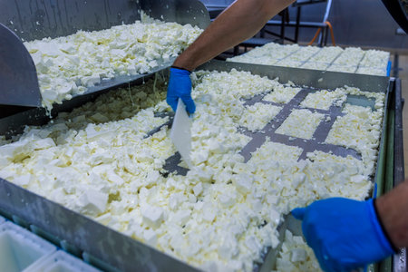 Industrial cheese production line with worker handling dairy products in sanitized conditions