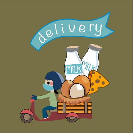 cute hand drawn of farm delivery girl  wearing helmet and face mask riding the scooter with milk bottles ,eggs and cheeze mascot vectorのイラスト素材
