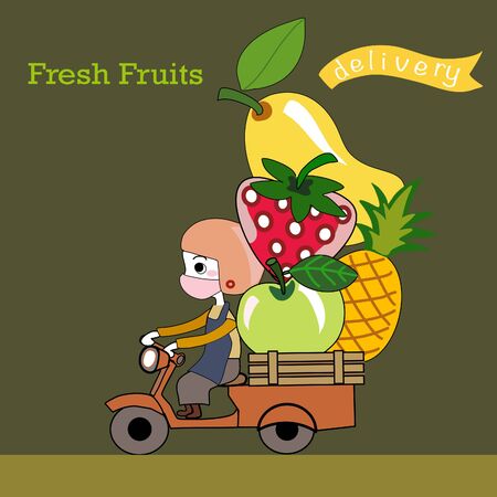 cute hand drawn cartoon of fresh fruits from farm delivery girl who wearing helmet and face mask riding scooter with apple,pineapple,mango,strawberry mascot vectorのイラスト素材