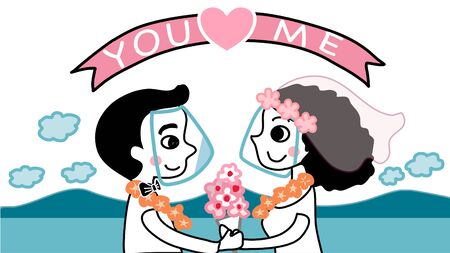 hand drawn vector of couple wearing face shield in their beach wedding to prevent coronavirus.のイラスト素材