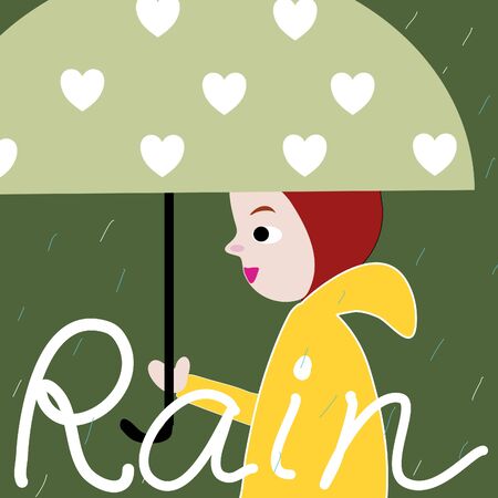 hand drawn cartoon vector of girl in rain coat holding the heart umbrella in the rainのイラスト素材