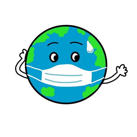 hand drawn cartoon vector of the globe wearing face mask to prevent virus and waving hand in covid-19 timeのイラスト素材