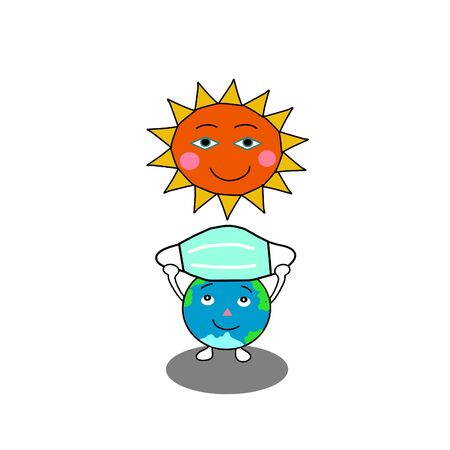 hand drawn cartoon vector of world cartoon is drying the rewashing face mask with the sun heat during covid-19のイラスト素材