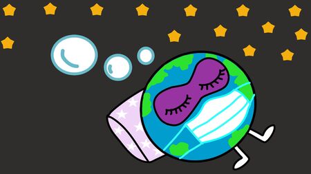 hand drawn cartoon vector of globe sleeping with face mask and eyes mask on pillow got dream bubble...