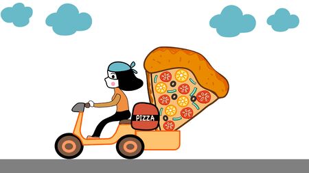 hand drawn cartoon vector of Pizza home delivery girl wearing face mask and  head scarf  riding scooter with red container with big Pizza mascot on white background and grey streetのイラスト素材