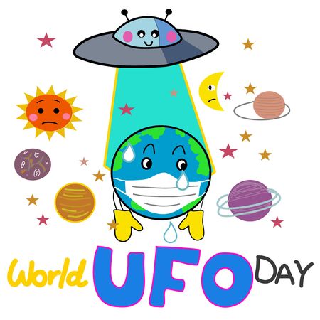 hand drawn cartoon vector of UFO and the sad world with face mask in the white galaxy backgroundのイラスト素材