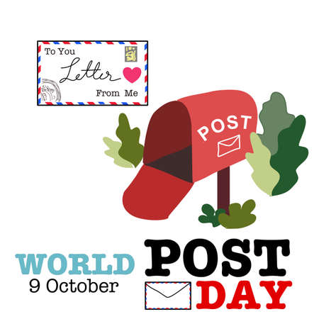 world post day poster with the retro style letter and red post box with the plants hand drawn vectorのイラスト素材
