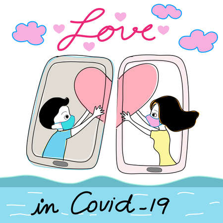 love in covid-19 long distance relationship couple in their phone outline both holding one same heart standing in landscape with sea and mountain very simple graphic pastel color hand drawn cartoonのイラスト素材