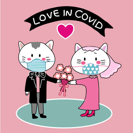 love in  wedding invitation card with bride and groom in cat wearing face mask hand drawn cartoon vectorのイラスト素材