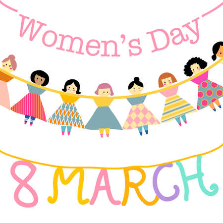 happy women's day card with paper cut of women holding hand wearing quilt skirt hand drawn cartoon...