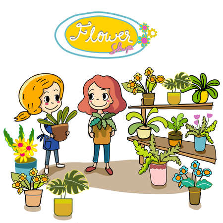 cute shop assistant helping choosing plants, flowers pots in garden shop for Florist working and checkout. hand drawn cartoon illustration.のイラスト素材