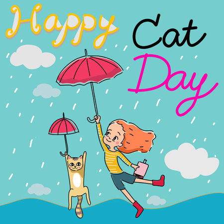 happy Cat day card. illustration of one girl with the book and one cat holding red umbrellas flying in the blue rainy sky with mountain view hand drawn cartoon vector with wording happy cat day.のイラスト素材
