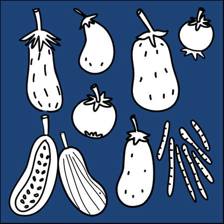 set of vegetable hand drawn cartoon icon pattern vector in black and white on blue background can make fabric pattern, paper, apron, logo, sticker or any kind of craft projectのイラスト素材
