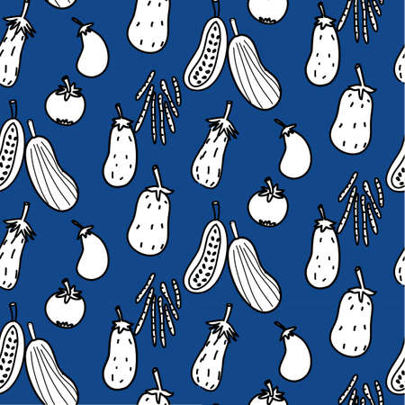 seamless pattern vegetable hand drawn cartoon icon vector in white and black on blue colour, can make fabric pattern, paper, apron, logo, sticker or any kind of craft projectのイラスト素材