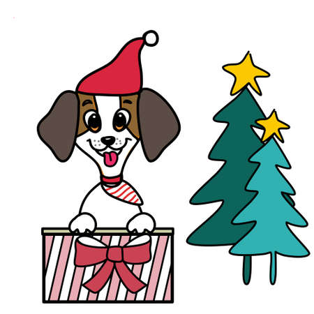 Dog Santa with Christmas gift hand drawn cartoon vectorのイラスト素材