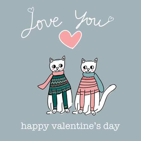 valentine card with cats lover sit together with hearts in the background with wording happy valentine day hand drawn cartoon vectorのイラスト素材