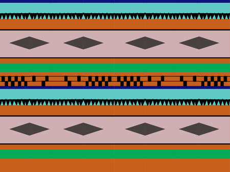 African ethnic Mexican boho tradition seamless pattern in orange green blue and black color with...