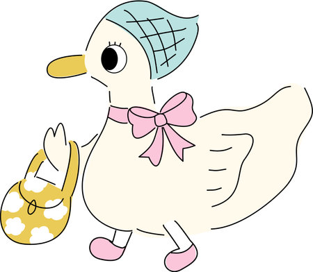 Hand drawn spring goose holding hand bag and wearing pink bowのイラスト素材