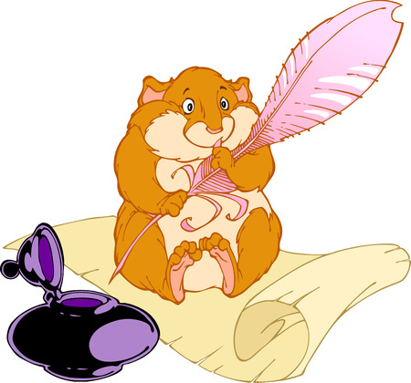 Hamster sitting on a piece of paper.In hamster paws pen,stands beside inkwell.のイラスト素材