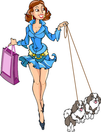 Girl in a blue dress on a walk with young dogsのイラスト素材