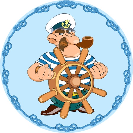 Marine captain standing at the wheel.Frame of knots on a separate layer.のイラスト素材
