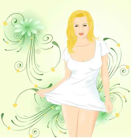 Young beautiful girl in a white dress.Behind her, the green background of floral patterns.Illustration done on separate layers.のイラスト素材
