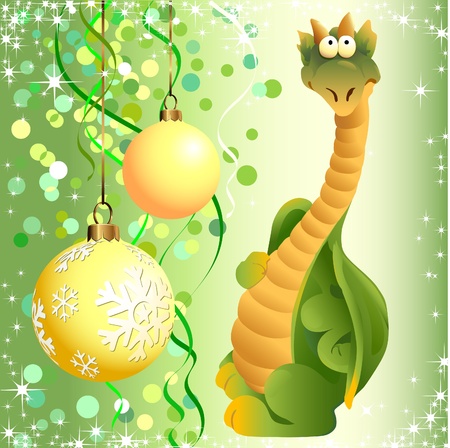 Funny green dragon toy on the background of Christmas decorations.のイラスト素材