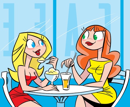 In the illustration, two beautiful girls at a table in a cafe.They talk, drink juice and eat ice cream.Illustration done in cartoon style.のイラスト素材
