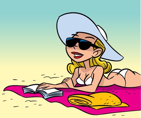 The illustration shows sexy girl - blonde sunbathing on the beach.Illustration done in cartoon style.のイラスト素材