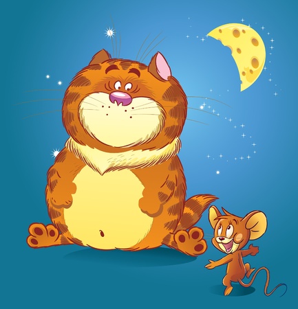 The illustration shows a large red cat with a small funny little mouse. They talk under the moon at night about tasty food.のイラスト素材