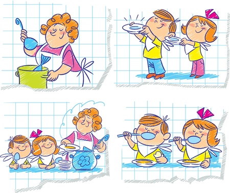 Mother pours cooked soup in a dish and feed childrenのイラスト素材