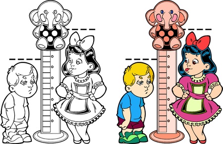  Figure shows cartoon boy and girl, measuring growth. The picture shows the development of children. Illustration done in the style of coloring book. Black and white, as well as color version and on separate layers. のイラスト素材