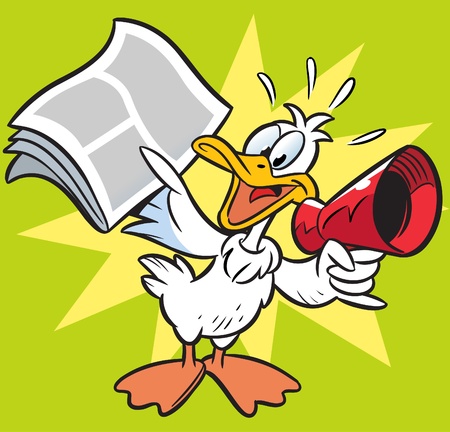 The illustration shows the goose, who shouts the news in the newspaper megaphone.のイラスト素材