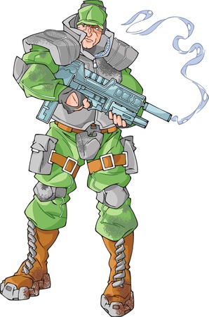 The illustration shows marine soldier. The soldier is standing with futuristic smoking gun in his arms. The illustration done in comic book style.のイラスト素材