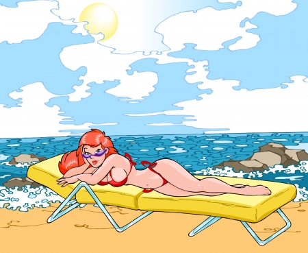 Beautiful sexy girl in bikini sunbathing on the beach  Girl in a sunglasses, and she lying on a deck-chair  Illustration made in comic style  Background on separate layer のイラスト素材