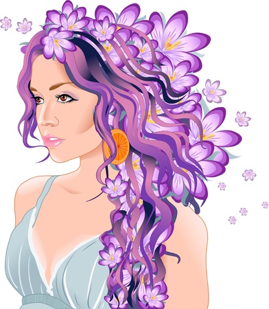  The illustration shows a beautiful young woman with flowers in her hair.のイラスト素材