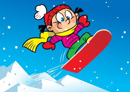 The illustration shows a funny girl who rides from mountain on a board for a snowboard  Illustration done in cartoon style のイラスト素材