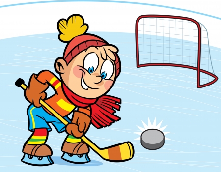 A boy playing hockey  He scored  the puck into the goal  Illustration done in cartoon style のイラスト素材