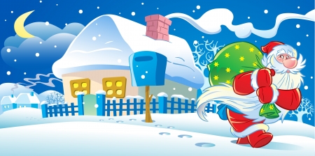 The illustration shows Santa Claus, who goes from house to house on Christmas night. He leaves home gifts. Illustration done in cartoon style.のイラスト素材