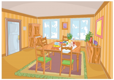 The illustration shows the interior of a living room with furniture and a laid table. Illustration performed made using the clipping mask.のイラスト素材