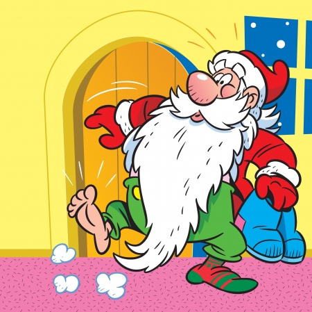 On Illustration shows funny Santa Claus, who lost sock. Illustration done in cartoon style on separate layers.のイラスト素材