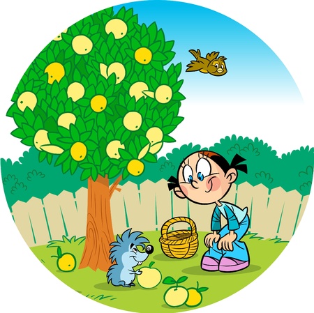 The illustration shows a girl who works in the garden. Little funny hedgehog helps her pick applesのイラスト素材
