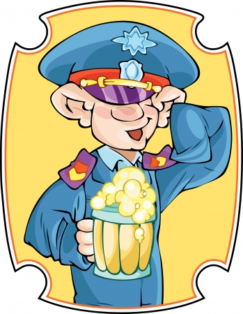  The illustration shows a funny man in the police uniforms  In one hand he holds a mug of beer, a second hand salutes のイラスト素材